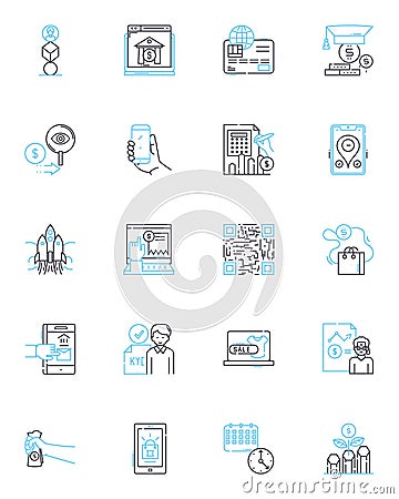 Remote banking linear icons set. Online, Mobile, Digital, E-banking, Automated, Virtual, Paperless line vector and Vector Illustration