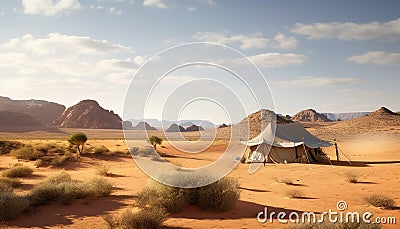 Remote camping in arid Africa, exploring majestic sandstone landscapes generated by AI Stock Photo