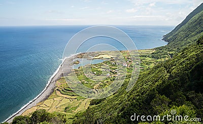 Remote coastal village on Sao Jorge Stock Photo