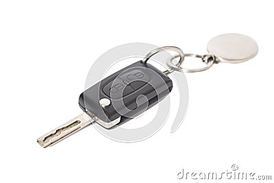 Remote control car key with metal keyring on white Stock Photo