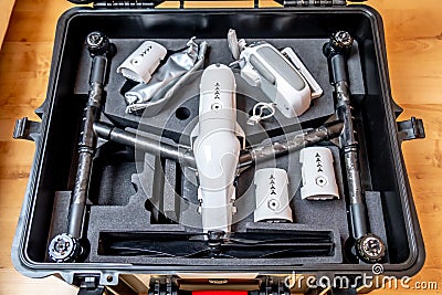 Remote control fly drone unit in hardcase with foam protection Stock Photo