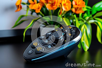 A remote control for a home security system, featuring buttons to arm disarm the system, trigger an emergency alarm, and activate Stock Photo