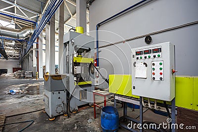 Remote control panel of garbage sorting conveyor on modern waste recycling processing plant. Separate garbage collection. Storage Stock Photo