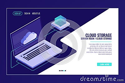 Remote data storage, cloud system technology, open laptop with cloud icon, networking isometric vector Vector Illustration