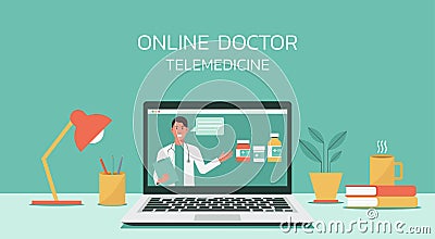 Virtual doctor describe about benefit of medicines on laptop Vector Illustration