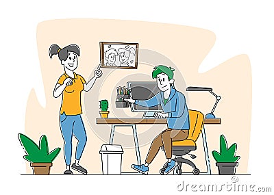 Remote Freelance Homeworking, Domestic Work Place, Self-employment . Man and Woman Freelancers at Home Working Distant Vector Illustration