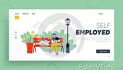 Remote Freelance Work, Self-employment Website Landing Page. Freelancers Sitting in Park Working Distant on Laptop Vector Illustration