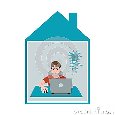 Remote home-based online training. A schoolboy with a laptop sits at a table in his house and listens to a school lesson Vector Illustration