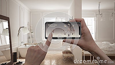 Remote home control system on a digital smart phone tablet. Device with app icons. Interior of scandinavian bedroom with bathroom, Stock Photo