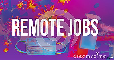 Remote Jobs theme with face mask and spray bottle Stock Photo