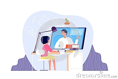 Remote learning. Kid studying on computer, student online home education. Personal distance teacher, virtual school Vector Illustration