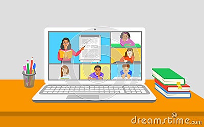 Remote learning virtual class kids teleconference Vector Illustration