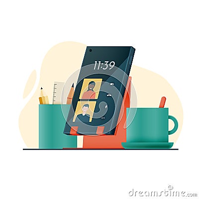 Remote meeting video conference with friends or work. Smartphone on a stand with coffee and pencils. Vector Illustration