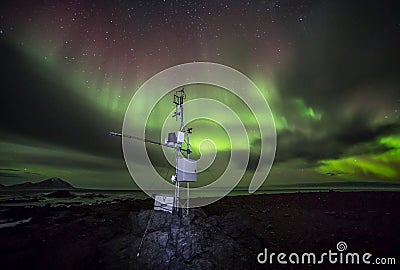 Remote meteo station with Northern Lights - Arctic, Spitsbergen Stock Photo