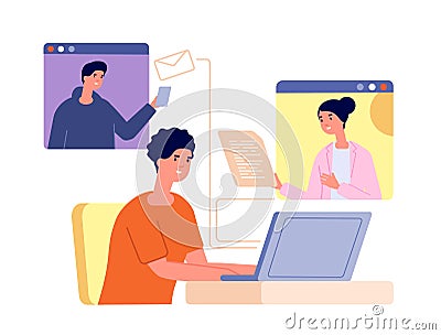 Remote teamwork together. Virtual video call, conference team meeting. People work from home, web chatting communication Vector Illustration