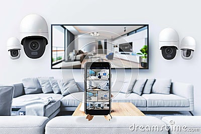 Remote view and manage security systems with powerful Wi-Fi network automation enhances alarm responses and camera coverage. Cartoon Illustration