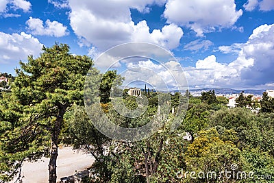 Remote view of the temple of Hephaestus in Ancient Agora, Athens, Greece Stock Photo