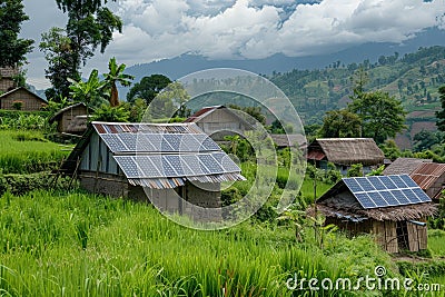 Remote village or isolated home powered by standalone solar panel systems Stock Photo