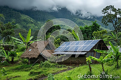 Remote village or isolated home powered by standalone solar panel systems Stock Photo