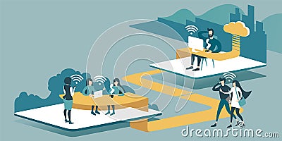 Remote work with cloud technology Vector Illustration
