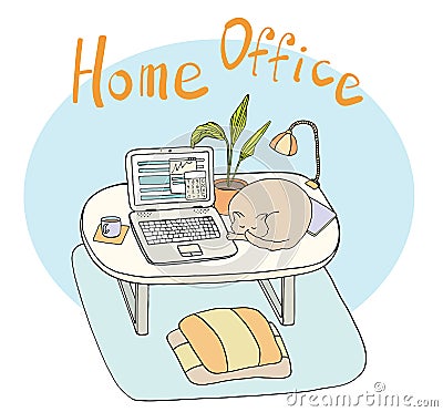 Remote work concept. Home office workplace with laptop, plant, mug of coffee and cat on table. Hand drawn cartoon vector Vector Illustration