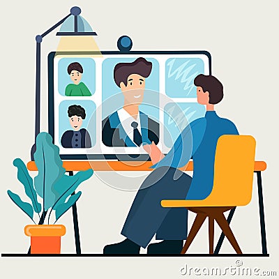 Remote work concept. Professionals engage in a video conference call with team members for an online briefing Vector Illustration