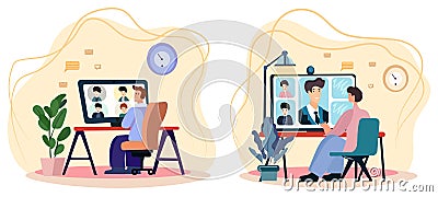 Remote work concept. Professionals engage in a video conference call with team members for an online briefing Vector Illustration