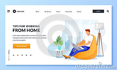 Remote work, freelance job, work from home concept. Businessman sitting on armchair with laptop. Vector illustration Vector Illustration