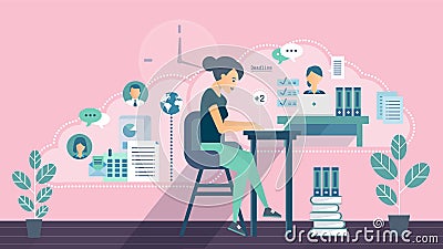 Young happy girl working from home Vector Illustration