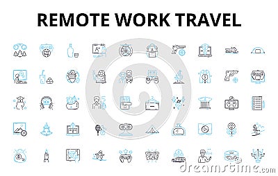 Remote work travel linear icons set. Digitalnomad, Telecommuting, Locationindependent, Travelabroad, Mobility, Workation Vector Illustration