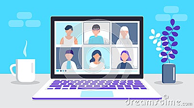 Remote work vector. School class is studying. Video call conference concept. Social distancing during quarantine. University Cartoon Illustration