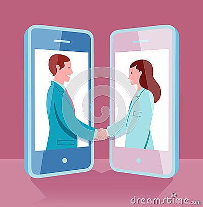 Remote workers woman and man agree shaking hands on screens of mobile phones. Conceptual illustration representing relationships i Cartoon Illustration