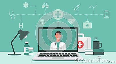 Doctor online teleconferencing with stethoscope on laptop screen Vector Illustration