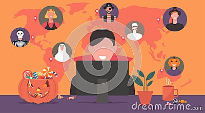 People around the world connecting together online on computer for Halloween party Vector Illustration