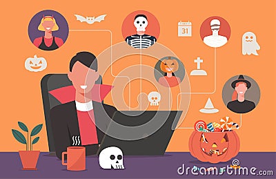 People in horror costumes connecting together online on computer to celebrate Halloween festival Vector Illustration