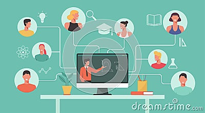 Teacher teaching online via teleconference, video conference on computer to students, learn from anywhere Vector Illustration