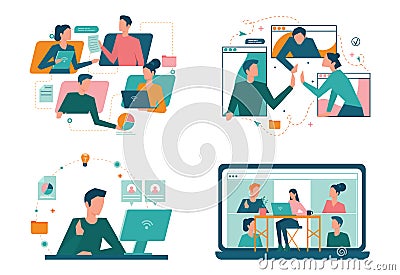 Remote working concept set. Telework and global outsourcing, Vector Illustration