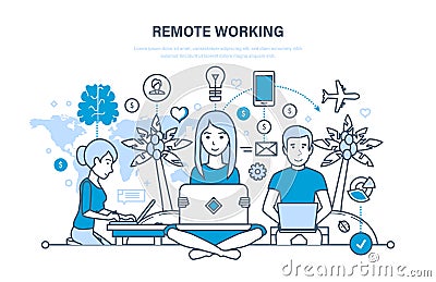 Remote working, freelancer, information technology, workplace, tools freelancer, working space. Vector Illustration