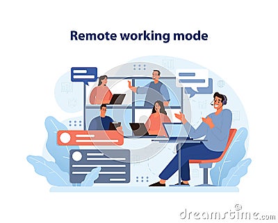 Remote Working mode. A dynamic team engages in digital collaboration across. Vector Illustration