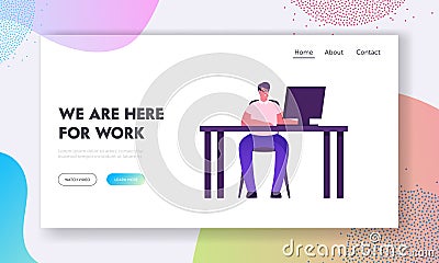 Remote Working Outsourced or Office Employee Website Landing Page. Man Artist Web Designer Programmer Sitting at Desk Vector Illustration