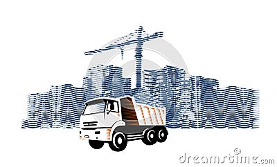 Removal Construction Waste From Building Site by Big Truck Car with Dumpster. Vector Illustration in Engraving Style Vector Illustration