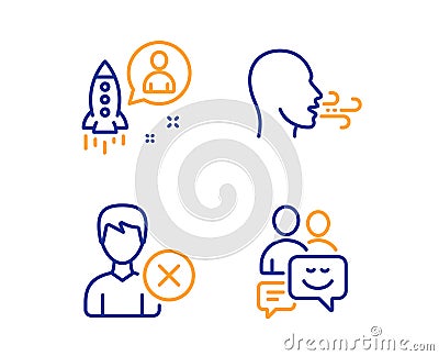Remove account, Startup and Breathing exercise icons set. Communication sign. Delete user, Developer, Breath. Vector Vector Illustration
