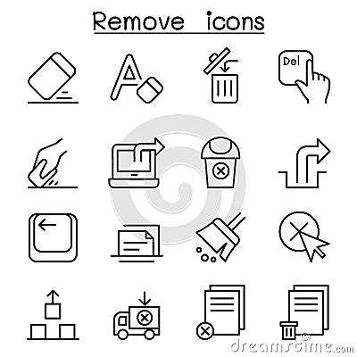 Remove, Erase, Delete icon set in thin line style Vector Illustration