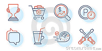 Remove purchase, Award cup and Currency audit icons set. Screwdriverl, Parking time and Speedometer signs. Vector Vector Illustration