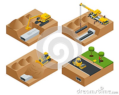 Removing the asphalt road damaged during a water main failure. Laying of new pipes. Road repair concept. Flat 3d vector Vector Illustration