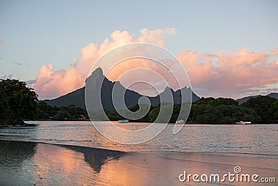 Rempart and Mamelles peaks, Tamarin Bay where the Indian Ocean meets the river, Tamarin, Mauritius Stock Photo