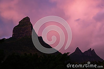 Rempart mountain at dusk, night shot, Tamarin, Mauritius Stock Photo