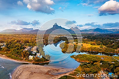 Rempart mountain view from Tamarin bay, Black river, scenic nature of Mauritius island. Beautiful nature and landscapes of Stock Photo