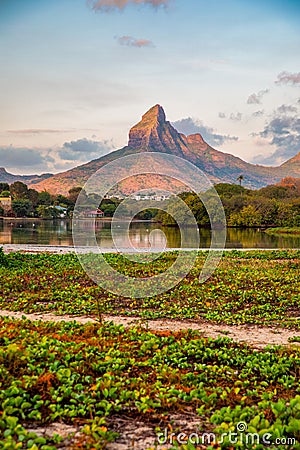 Rempart mountain view from Tamarin bay, Black river, scenic nature of Mauritius island. Beautiful nature and landscapes of Stock Photo