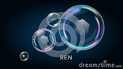 REN token symbol in soap bubble, coin DeFi project decentralized finance. Vector Illustration